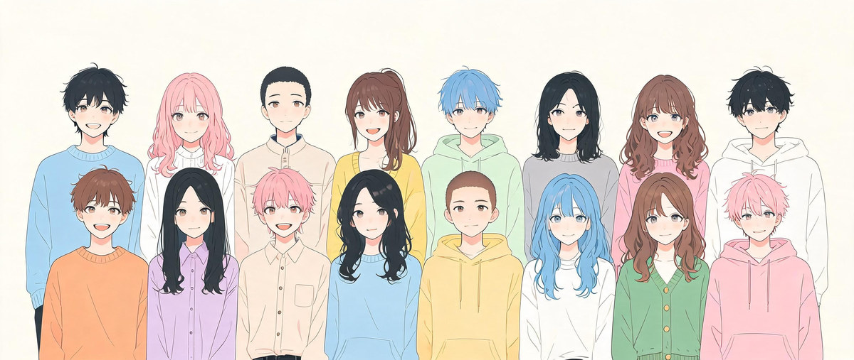 多様な16人の若者が並んでいる様子を描いたイラスト