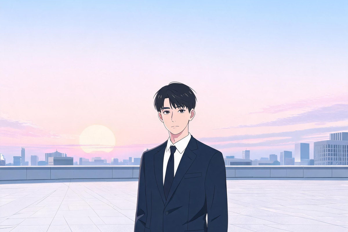 夜明けの広い広場にスーツ姿でひとり立つ男性を描いたイラスト