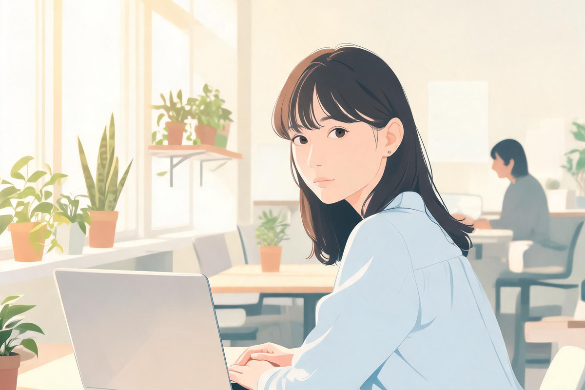 オフィスのデスクでパソコンに向かう若い女性を描いたイラスト