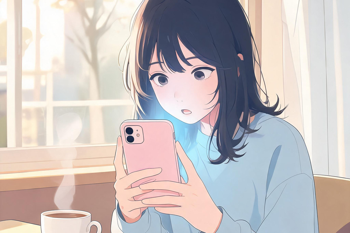 カフェでスマホの画面を見て少し驚いている女性のイラスト（画面は手前側からは見えない）