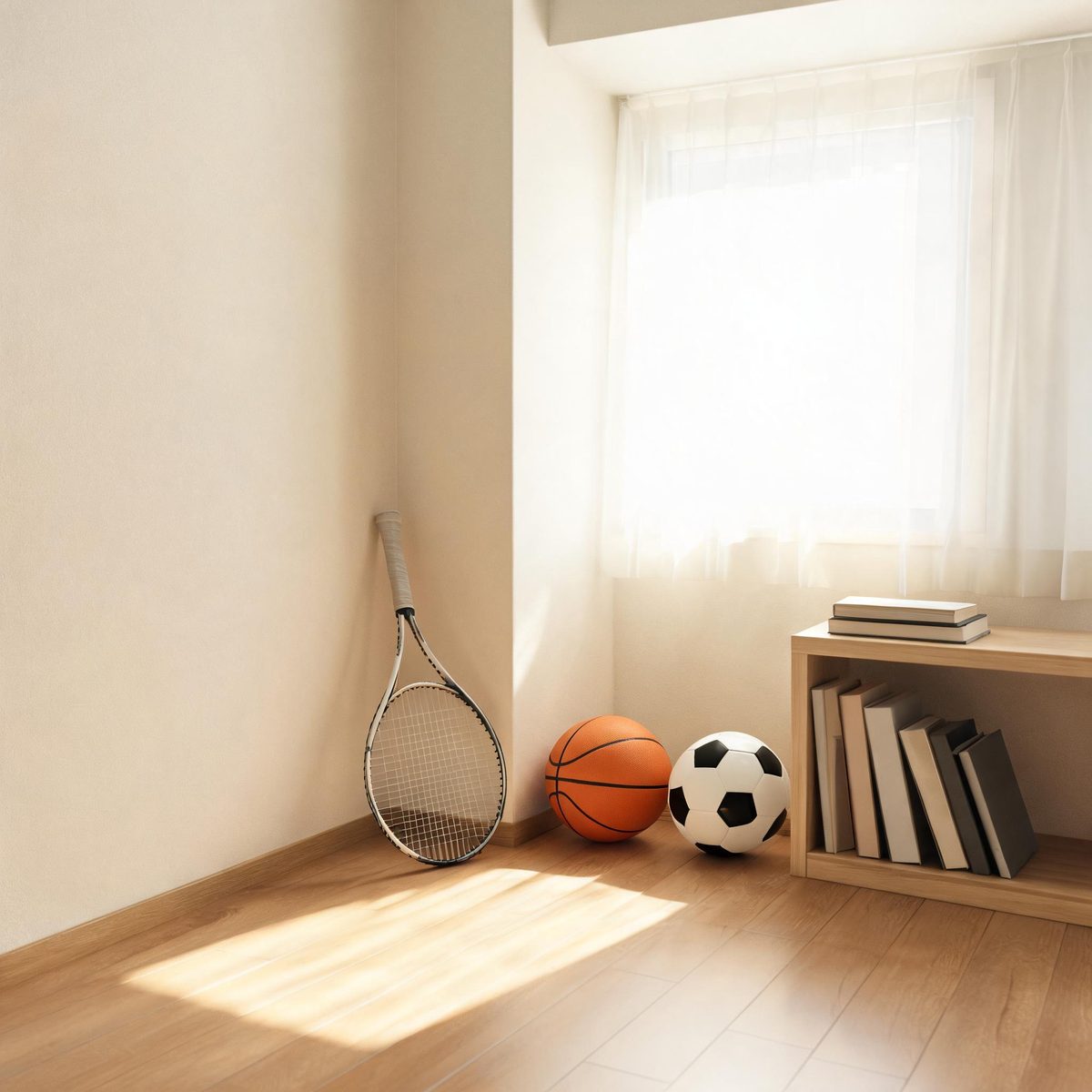 テニスラケット、バスケットボール、サッカーボールと本棚が並ぶ部屋の一角。趣味が伝わるサブ写真のイメージ