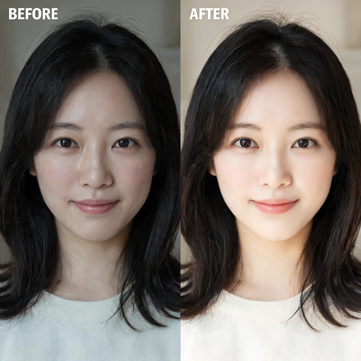 AI美顔の補正前後の比較。左が補正前、右が明るさと肌の質感を整えた後。輪郭や表情は変えていない