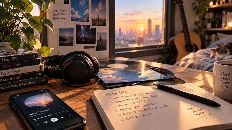イメージ：デスクで聴く曲のリストを書き出す手元