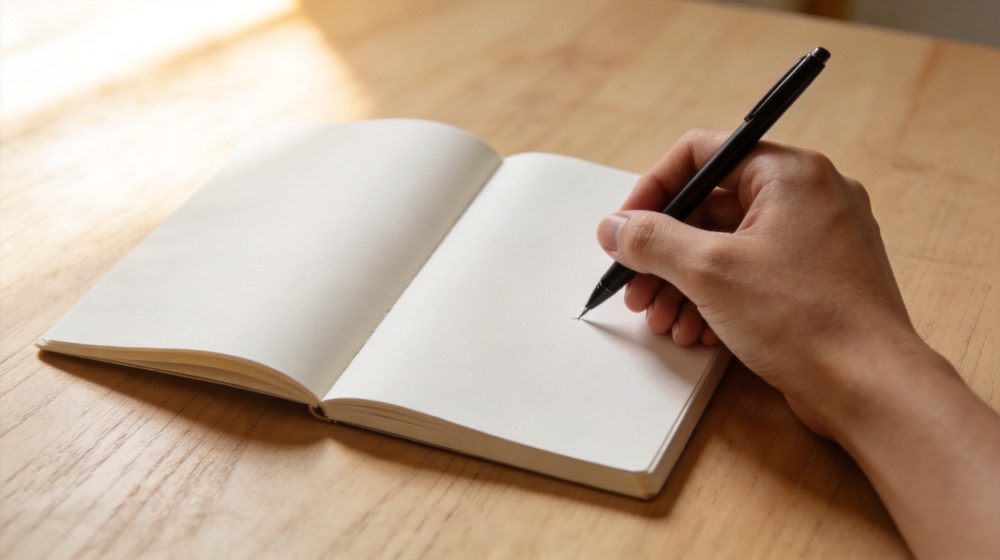 イメージ：ノートにペンで書く利き手の手元