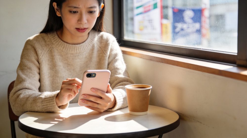 イメージ：カフェで診断結果を見返す女性
