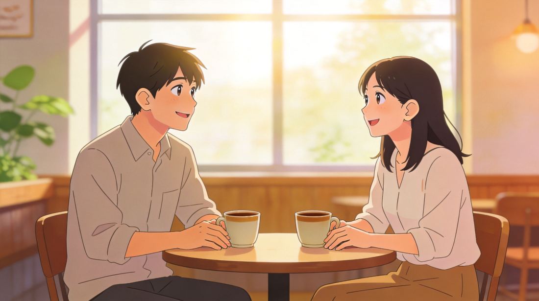 結婚相談所の仮交際でカフェデートをする男女のイラスト