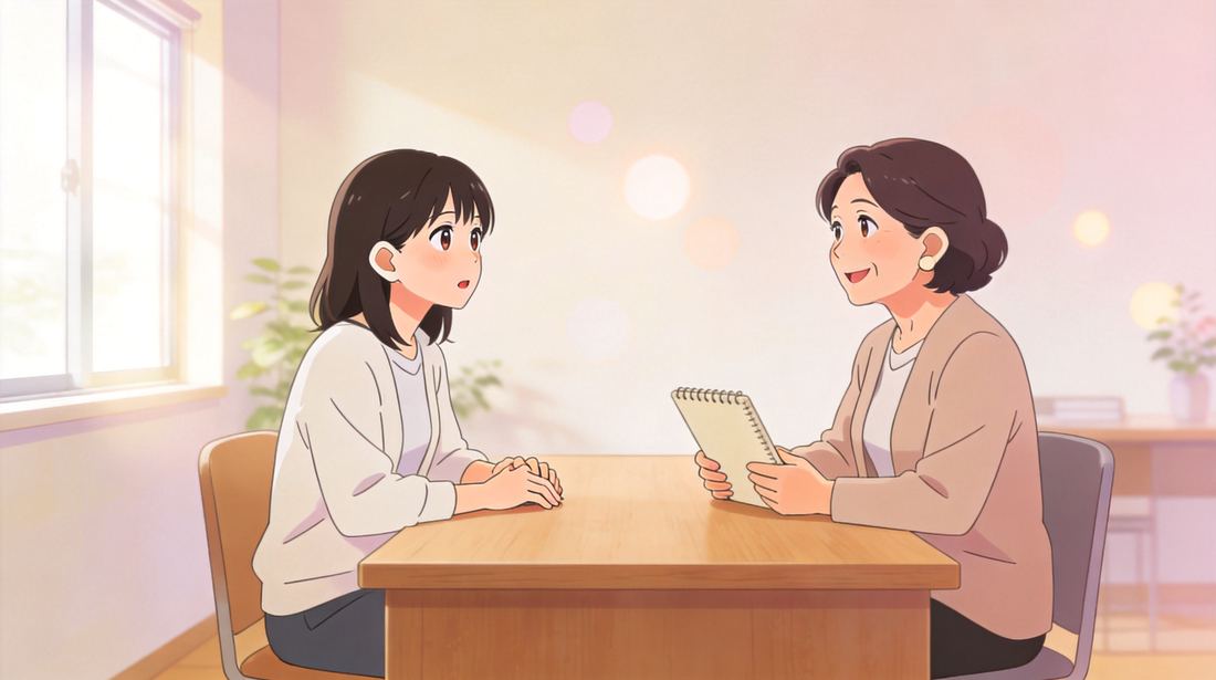 結婚相談所のカウンセラーに断り方の代行を相談する女性のイラスト