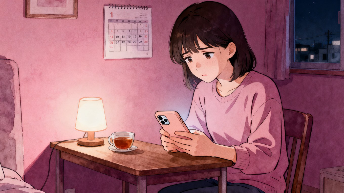 婚活の悩みを抱えて深夜のデスクでスマートフォンを見つめる女性のイラスト