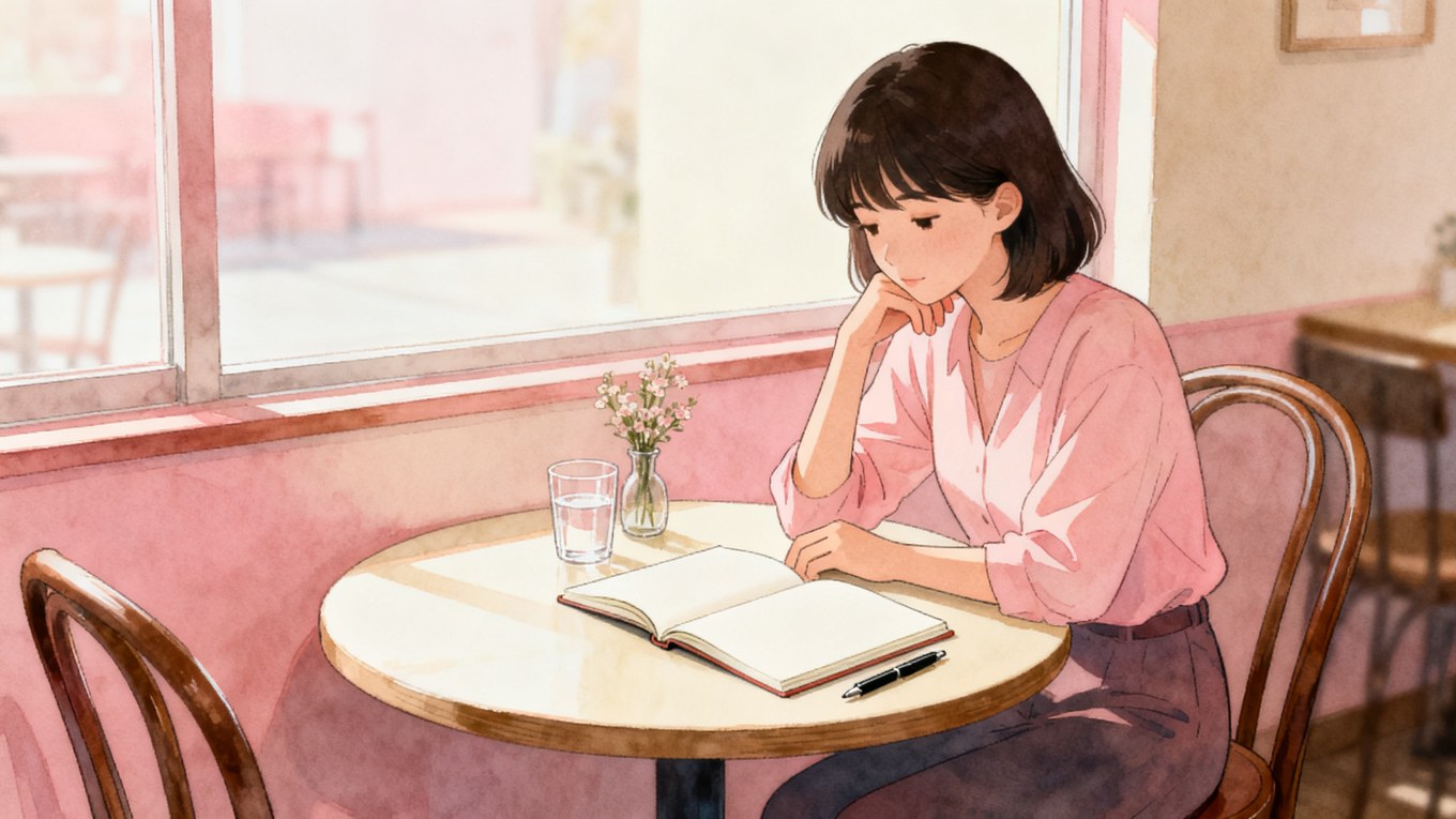 カフェの窓際の席で、開いたノートを見つめながらデートを振り返る女性のイラスト