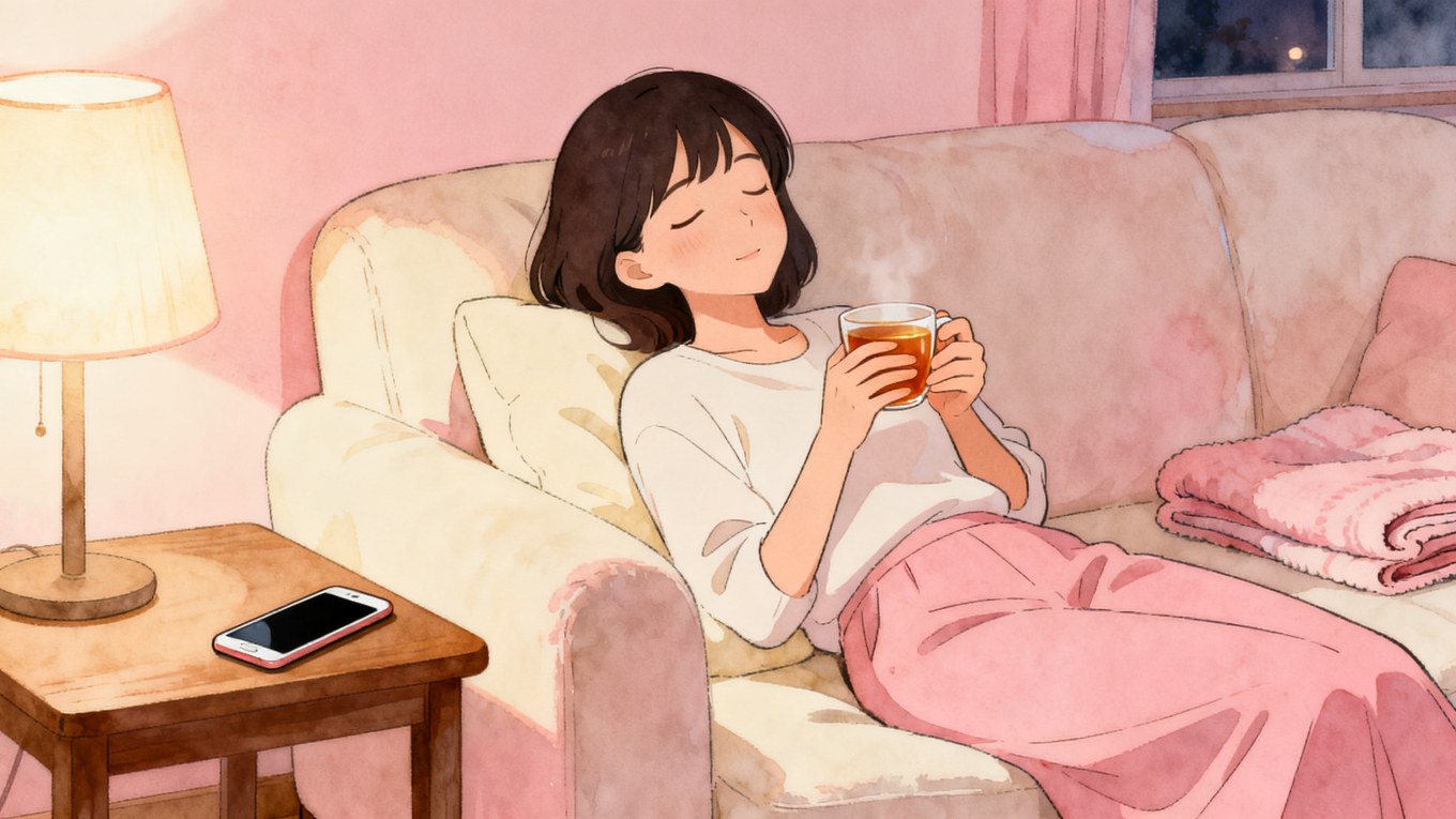 ソファで休みながら紅茶を飲む女性のイラスト